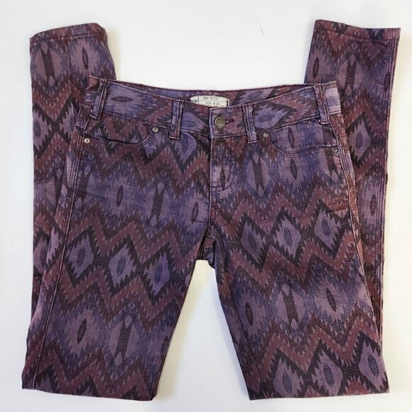 Free People Southwest Ikat Skinny Jeans 25 Purple Low Rise Bohemian Colorful - Picture 10 of 10